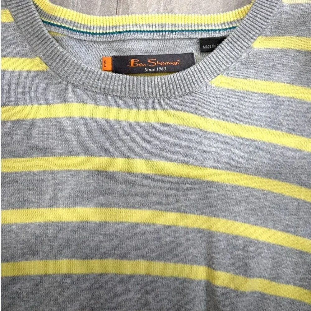 Ben Sherman Men's XL Striped Sweater Gray Yellow Blue-Green Cuffs